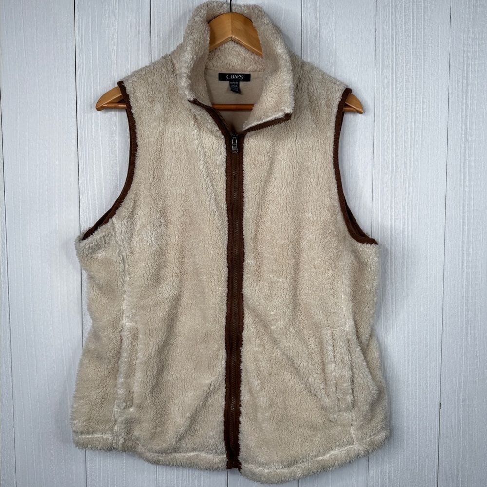 Chaps Women's Beige Fleece Vest Brown Trim Size XL EUC